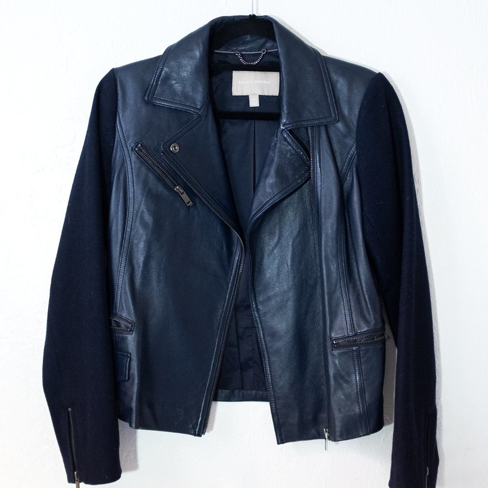 Banana Republic Navy Leather Motorcycle Jacket with Wool Sleeves